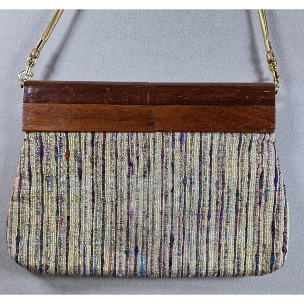 Saddle River Wood Handle Purse Metallic Clutch Crossbody Vintage‎ Boho 80s 90s